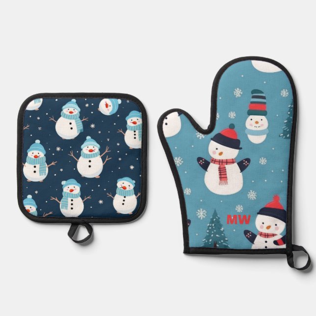 Cute Christmas Snowmen Oven Mitt & Pot Holder Set (Front)
