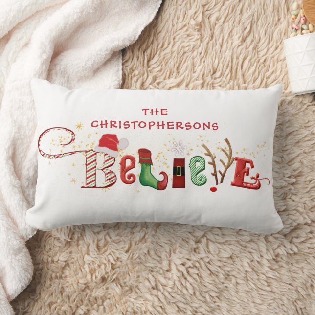 Cute Christmas Spirit Family BELIEVE Typography Lumbar Pillow (Blanket)