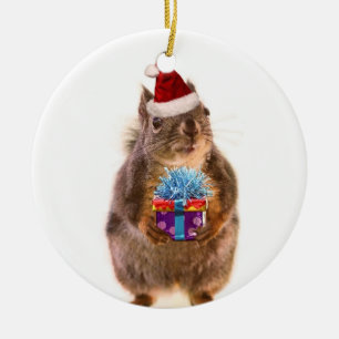 Cute Christmas Squirrel and Gift Ceramic Ornament