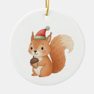 Cute Christmas Squirrel with Acorn Sticker Ceramic Ornament