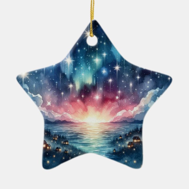 Cute Christmas star-shaped Ornament, starry night Ceramic Ornament (Front)
