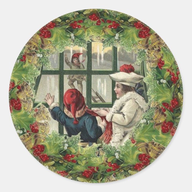 Cute Christmas Sticker Children at Window (Front)