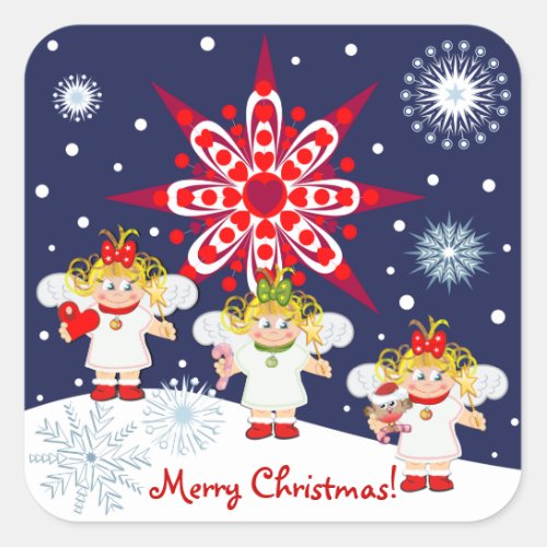 Cute Christmas sticker with text angels  snow