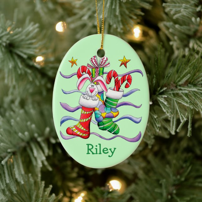 Cute Christmas Stocking Bunny Personalized Ceramic Ornament (Tree)