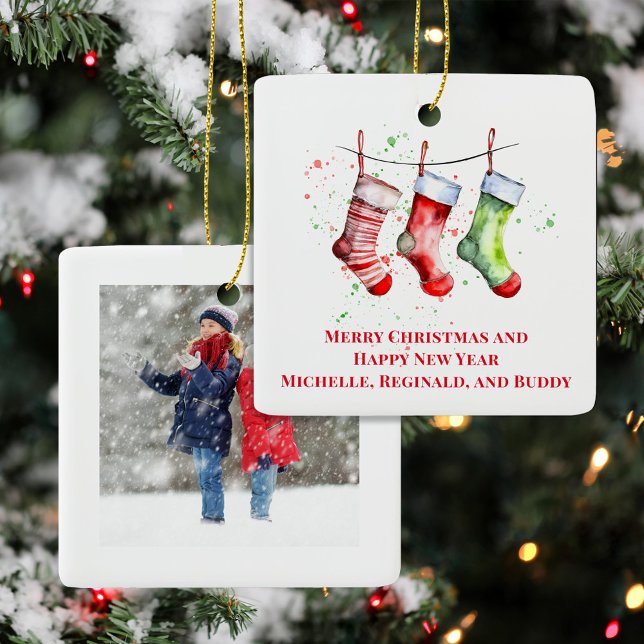 Cute Christmas Stocking Custom Photo  Ceramic Ornament (Watercolor Stocking Custom Photo Ornaments)
