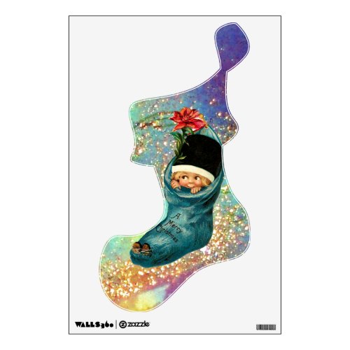 Cute Christmas Stocking in Blue Gold Sparkles Wall Decal