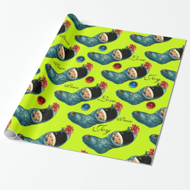 Cute Christmas Stocking,Little Child ,Green Wrapping Paper (Unrolled)