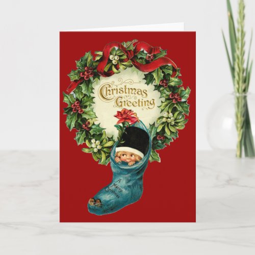 Cute Christmas Stocking Little Child Mistletoes Holiday Card