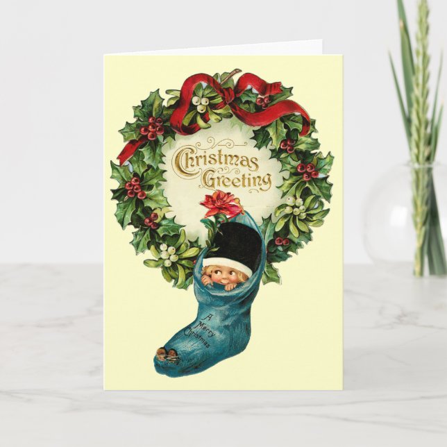 Cute Christmas Stocking ,Little Child, Mistletoes Holiday Card (Front)