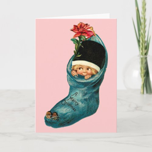 Cute Christmas Stocking Little ChildPink Blue Holiday Card