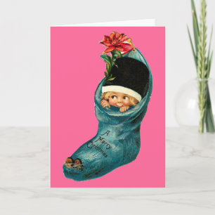 Cute Christmas Stocking ,Little Child,Pink Blue Holiday Card