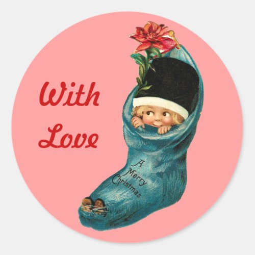 Cute Christmas Stocking Little ChildPink Red Classic Round Sticker
