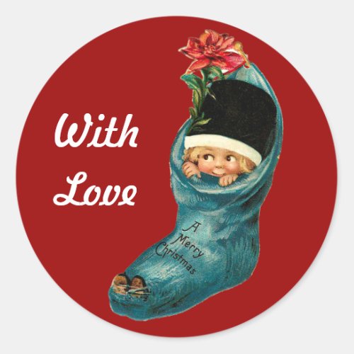 Cute Christmas Stocking Little ChildWhite Red Classic Round Sticker