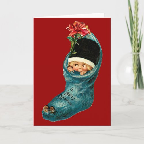 Cute Christmas Stocking Little ChildWhite Red Holiday Card