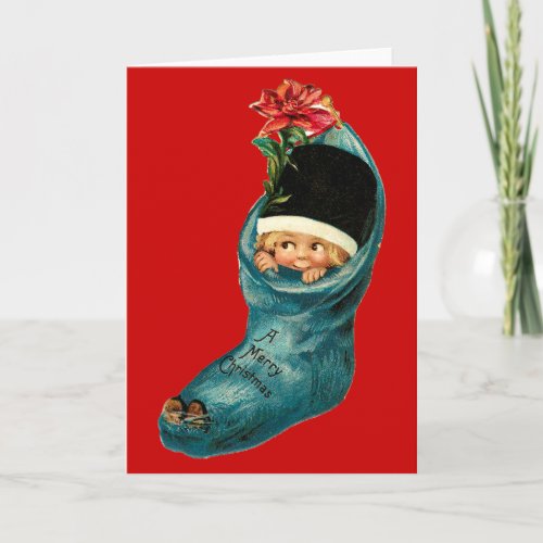 Cute Christmas Stocking Little ChildWhite Red Holiday Card