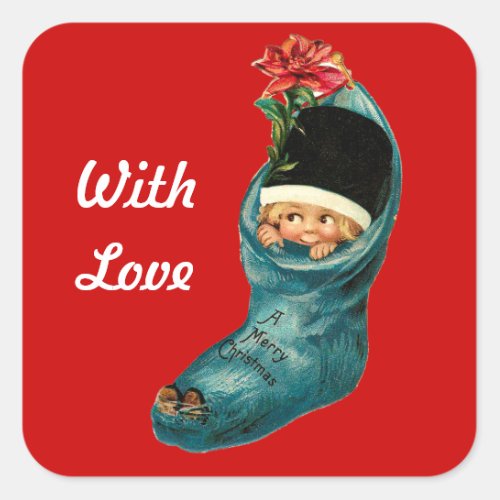 Cute Christmas Stocking Little ChildWhite Red Square Sticker