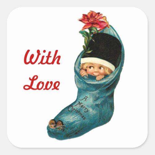 Cute Christmas Stocking Little ChildWhite Red Square Sticker