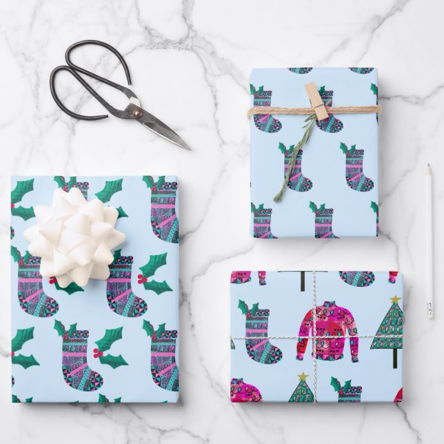 Cute Christmas Stocking Pattern Wrapping Paper Sheets (Front)