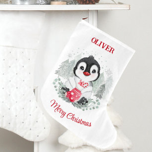 Cute Christmas Stocking Penguin Kids Name
