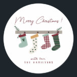 Cute Christmas Stockings Classic Round Sticker<br><div class="desc">Your holiday gifts and mailings will stand out this season with these cute,  fun Christmas stockings hanging from the mantle and Merry Christmas in a sweet minimal calligraphy script.  Easily customize with your personalize information for the best Holiday ever!</div>