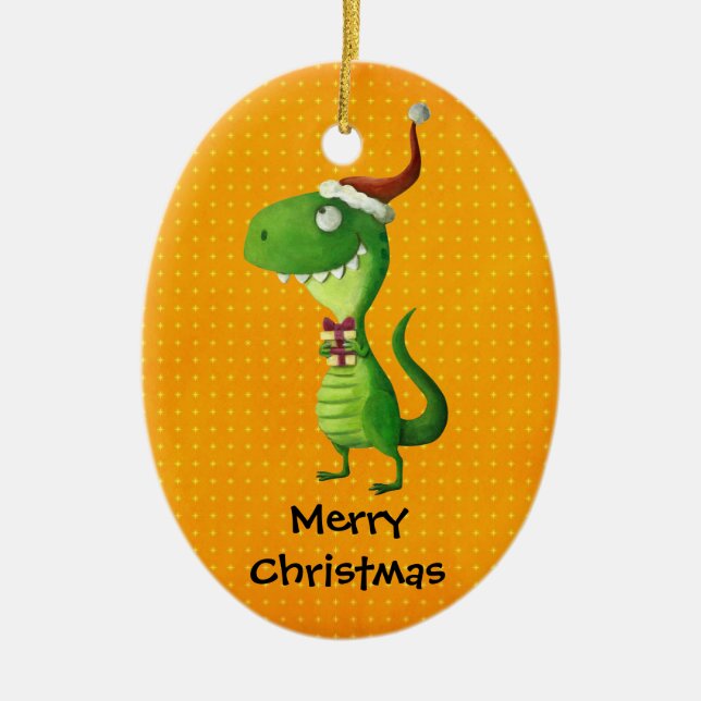 Cute Christmas T-rex Ceramic Ornament (Front)