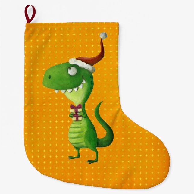 Cute Christmas T-rex Large Christmas Stocking (Front)