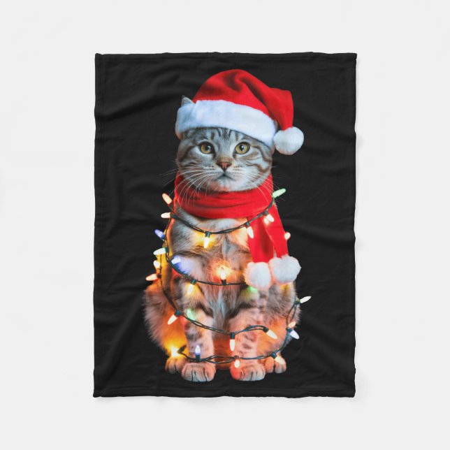 Cute Christmas Tabby Cat In Lights Santa Hat For K Fleece Blanket (Front)