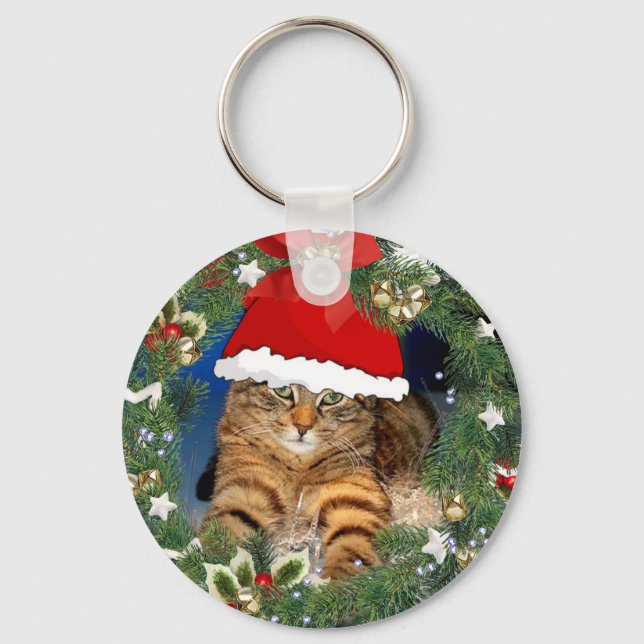 Cute Christmas Tabby Cat Keychain (Front)