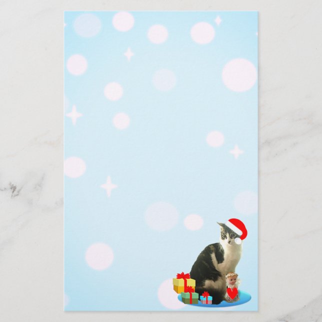 Cute Christmas Tabby Cat, light orbs on sky blue. Stationery (Front)