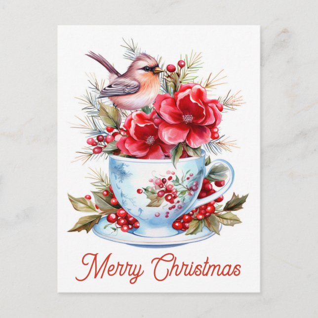 Cute Christmas Tea Cardinal Floral Teacup Postcard (Front)