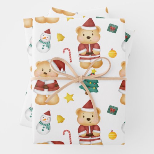Cute Christmas Teddy Bear and Snowman Wrapping Paper Sheets