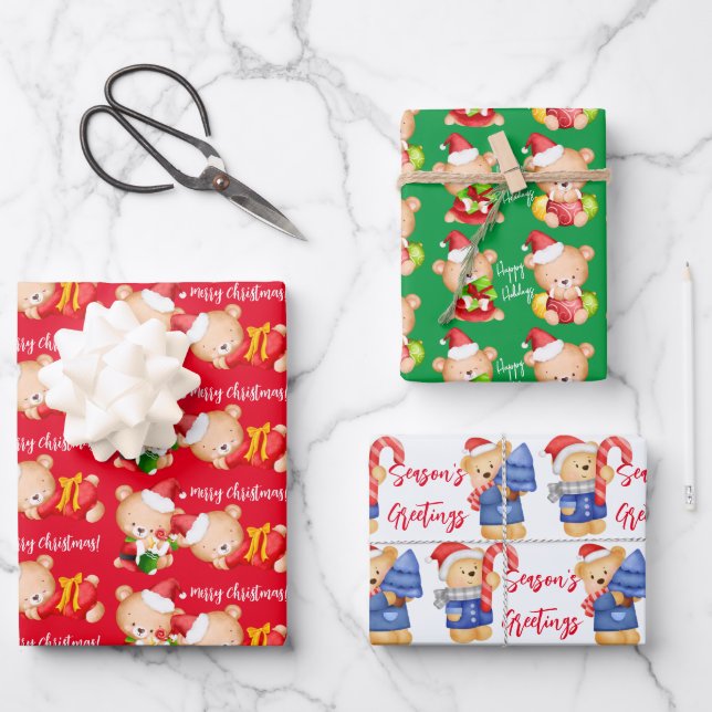 Cute Christmas teddy bear gift Wrapping Paper Sheets (Front)