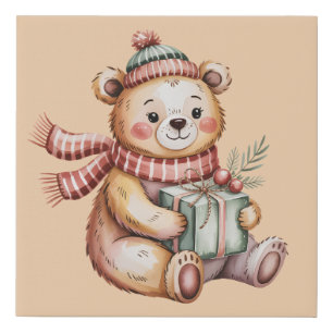 Cute Christmas Teddy Bear Holding Gift Faux Canvas Print