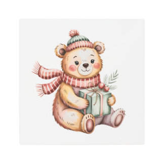 Cute Christmas Teddy Bear Holding Gift Metal Print