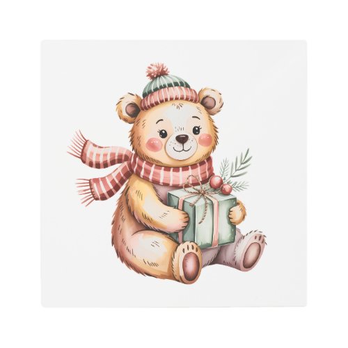 Cute Christmas Teddy Bear Holding Gift Metal Print