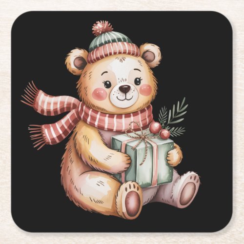Cute Christmas Teddy Bear Holding Gift Square Paper Coaster