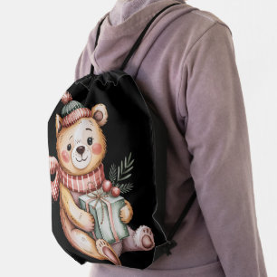 Cute Christmas Teddy Bear Holding Gift Watercolor Drawstring Bag