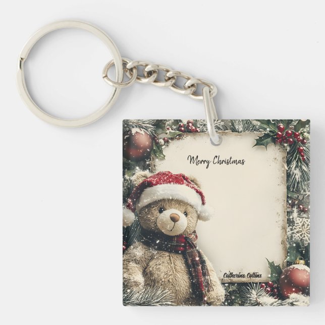 Cute Christmas Teddy Bear Illustration Design  Keychain (Front)