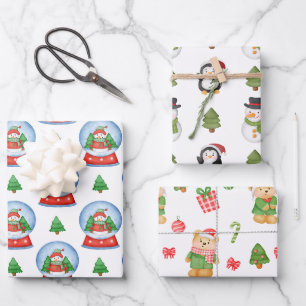 Cute Christmas Teddy Bear, Snowman, Penguin Wrapping Paper Sheets