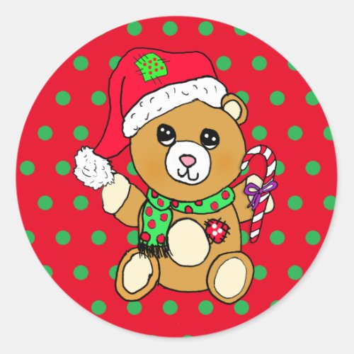 Cute Christmas Teddy Bear with Candy Cane Classic Round Sticker