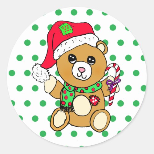 Cute Christmas Teddy Bear with Candy Cane Classic Round Sticker