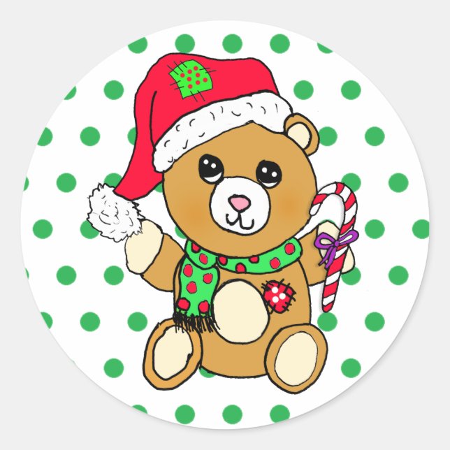 Cute Christmas Teddy Bear with Candy Cane Classic Round Sticker (Front)