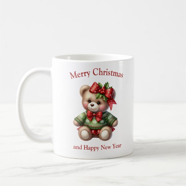 Cute Christmas teddy bear with mistletoe Coffee Mug (Left)