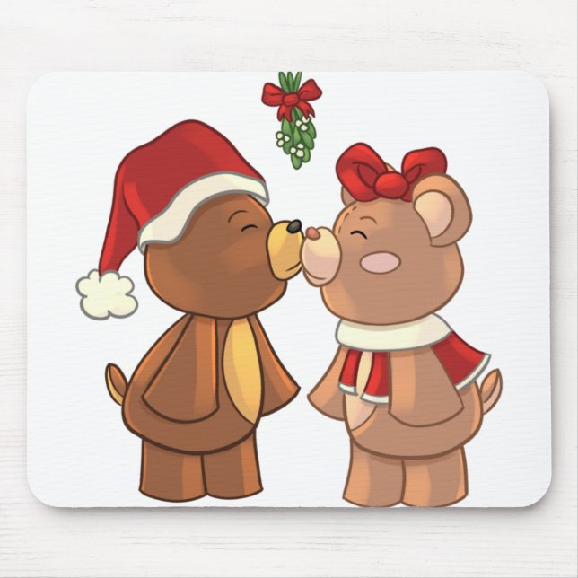 Cute christmas teddy bears kissing under mistletoe mouse pad (Front)