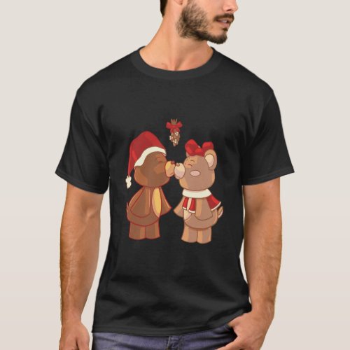 Cute Christmas Teddy Bears Kissing Under Mistletoe T_Shirt