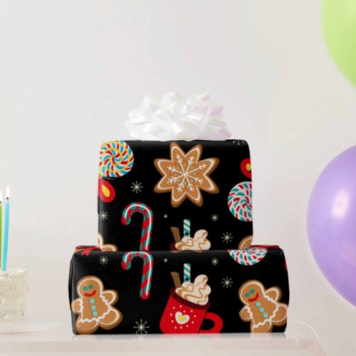 Cute Christmas Theme Pattern Black Wrapping Paper