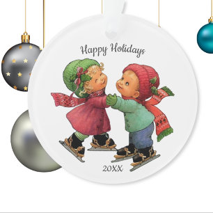 Cute Christmas Tots Ice Skating Acrylic Ornament