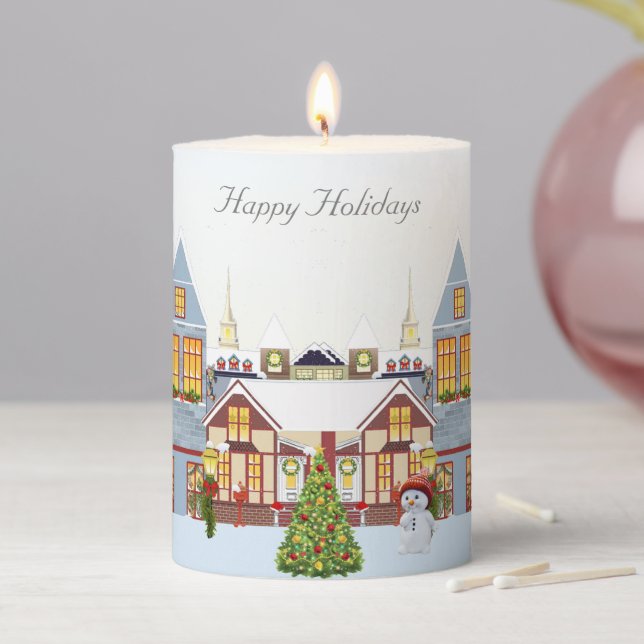 Cute Christmas Town & Snowman Pillar Candle (In Situ)