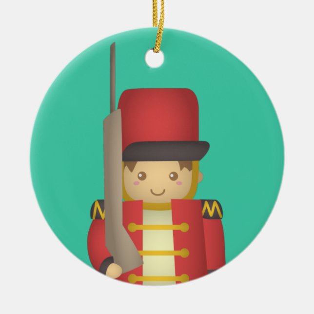 Cute Christmas Toy Soldier Boy in Red Ceramic Ornament (Front)