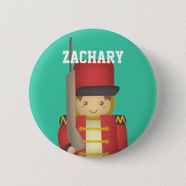 Cute Christmas Toy Soldier Boy in Red Pinback Button (Front)